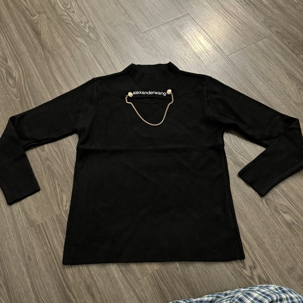 Alex Wang Women’s Mock Neck Cut Out Open With Chain Ribbed Knit Sweater Lrg